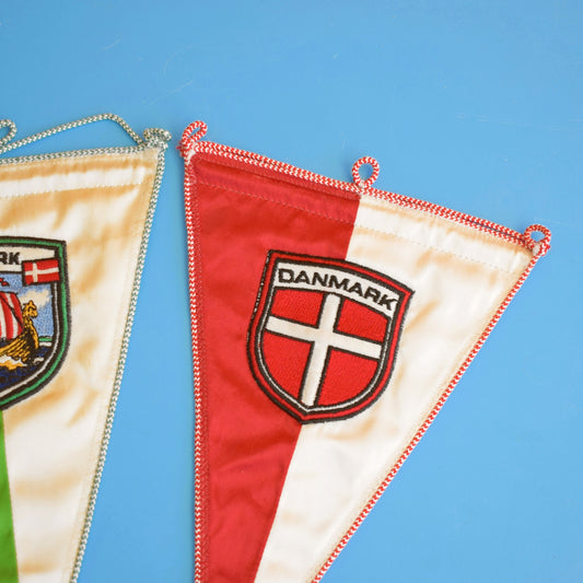 Vintage 1960s Satin Pennant Flags x2 Danmark / Denmark