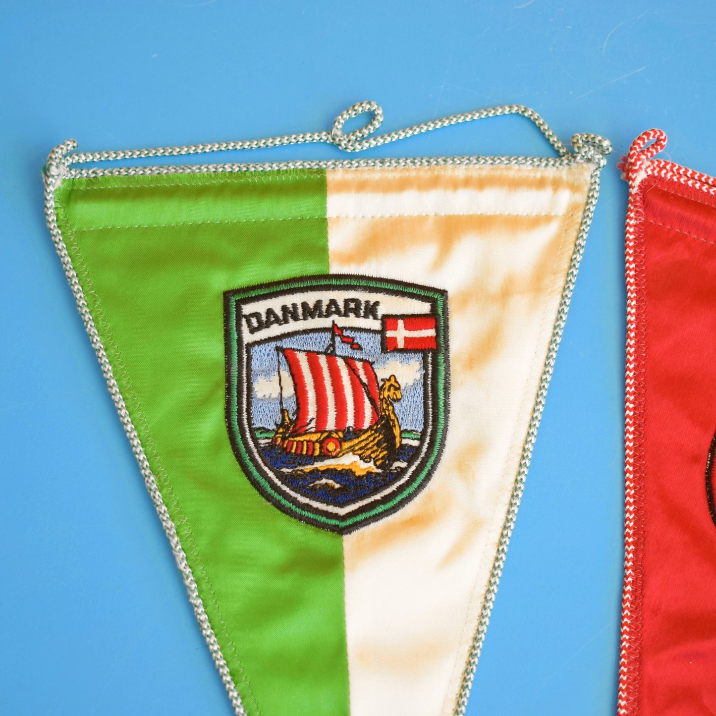 Vintage 1960s Satin Pennant Flags x2 Danmark / Denmark