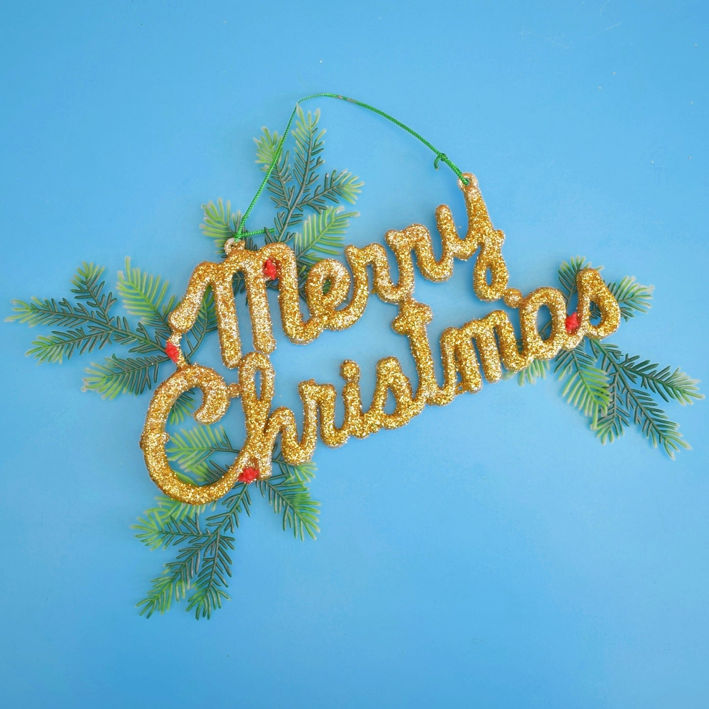 Vintage 1970s Glitter Merry Christmas Sign - Gold