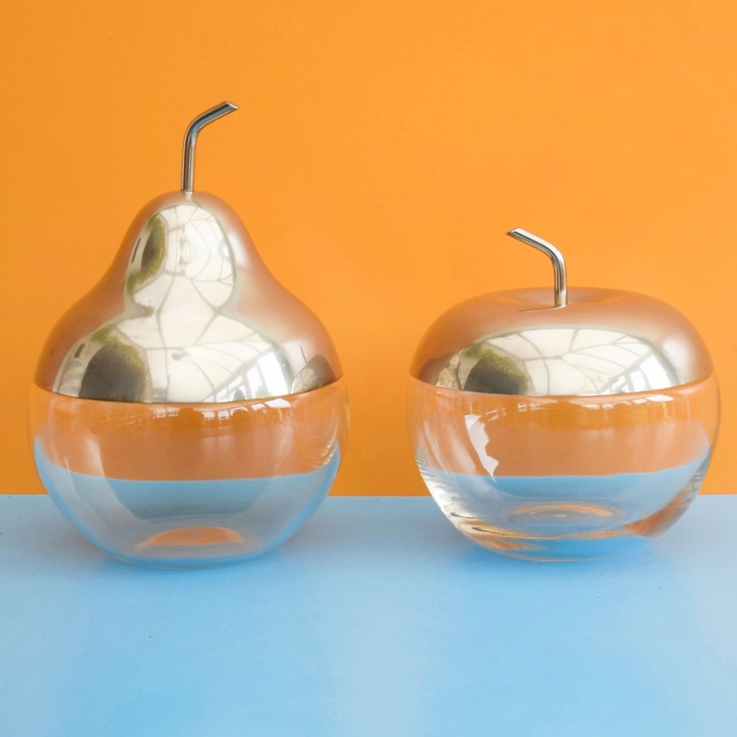 Vintage 1960s Pear / Apple Fruit Glass/ Silver Plate Sweet Jars / Storage? -Italian