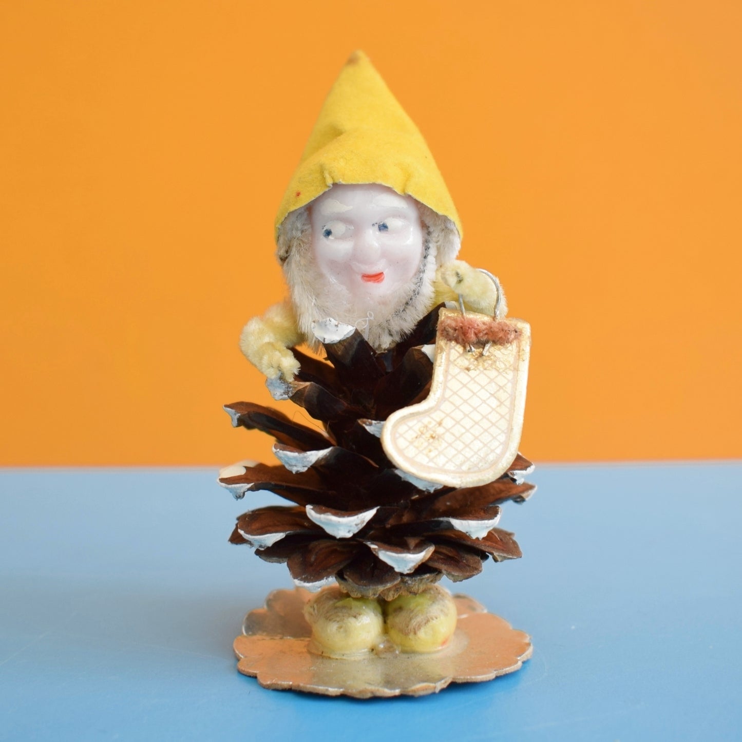 Vintage 1950s Christmas Pinecone Elf Ornament - Spun Cotton - Shiny Brite