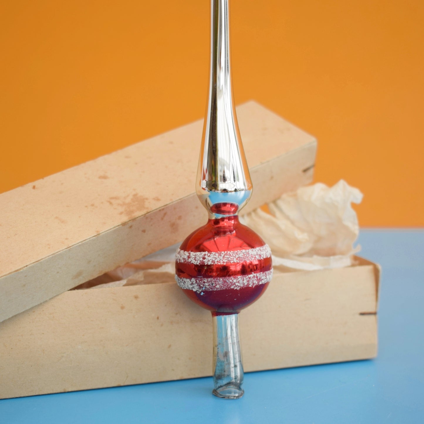 Vintage 1950s Glass Christmas Tree Topper - Small Red - Boxed