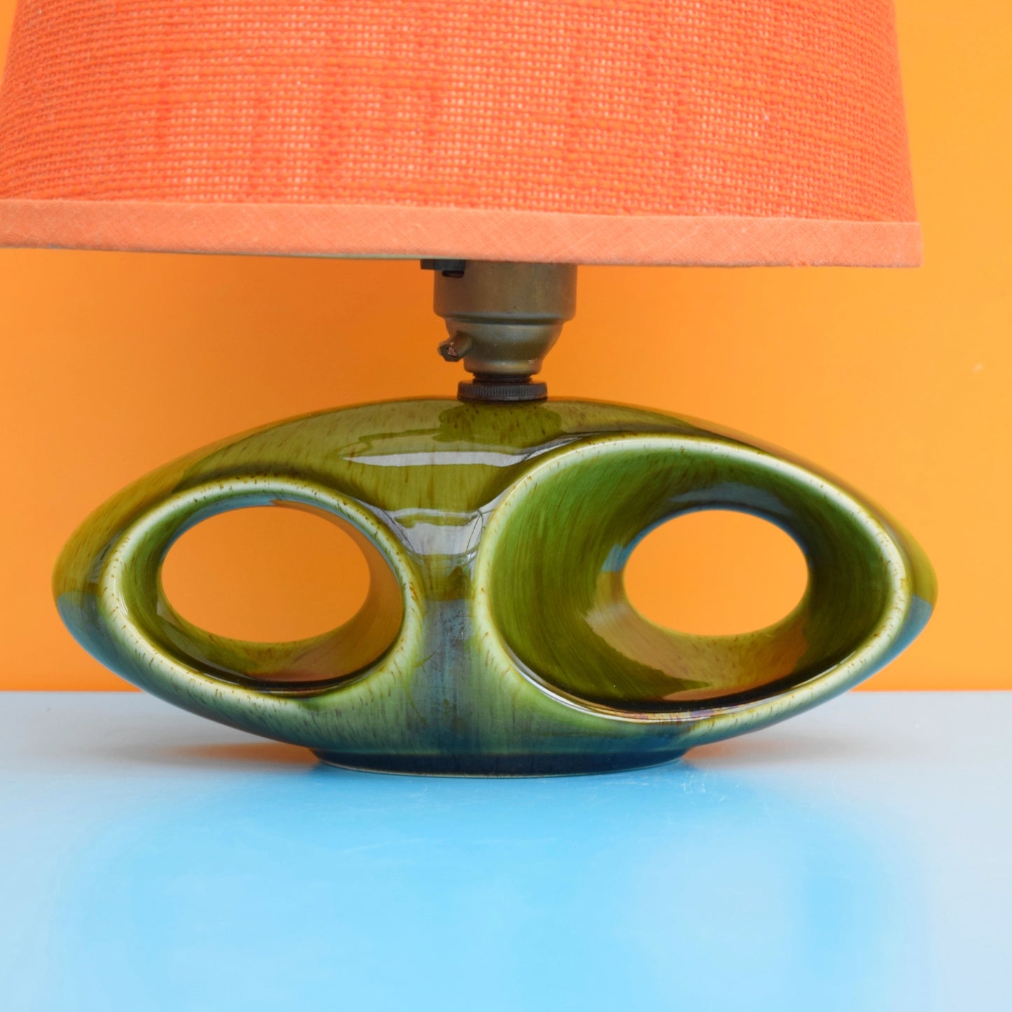 Vintage 1960s Holkham Pottery Little Table Lamp - Green & Orange