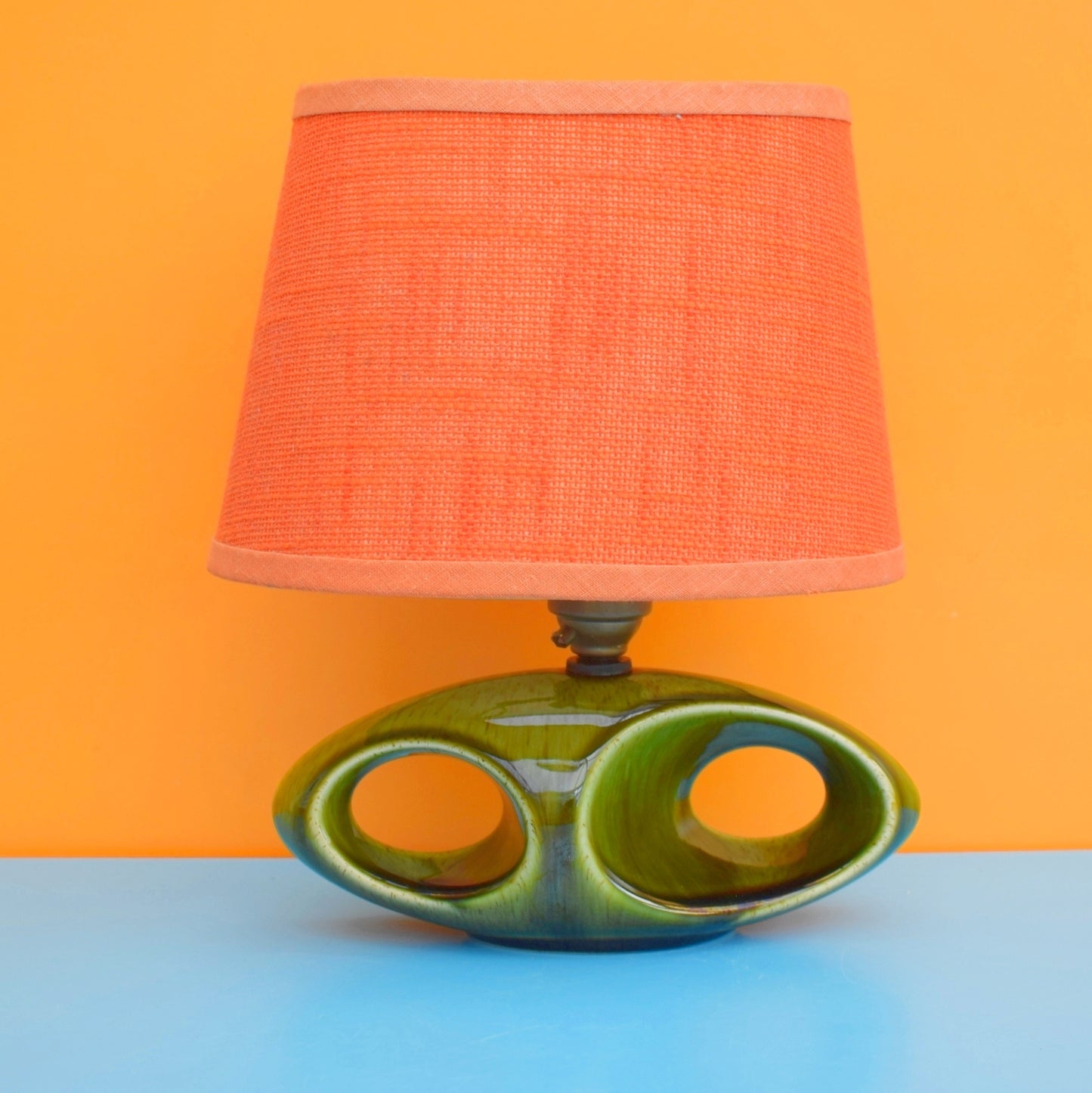 Vintage 1960s Holkham Pottery Little Table Lamp - Green & Orange