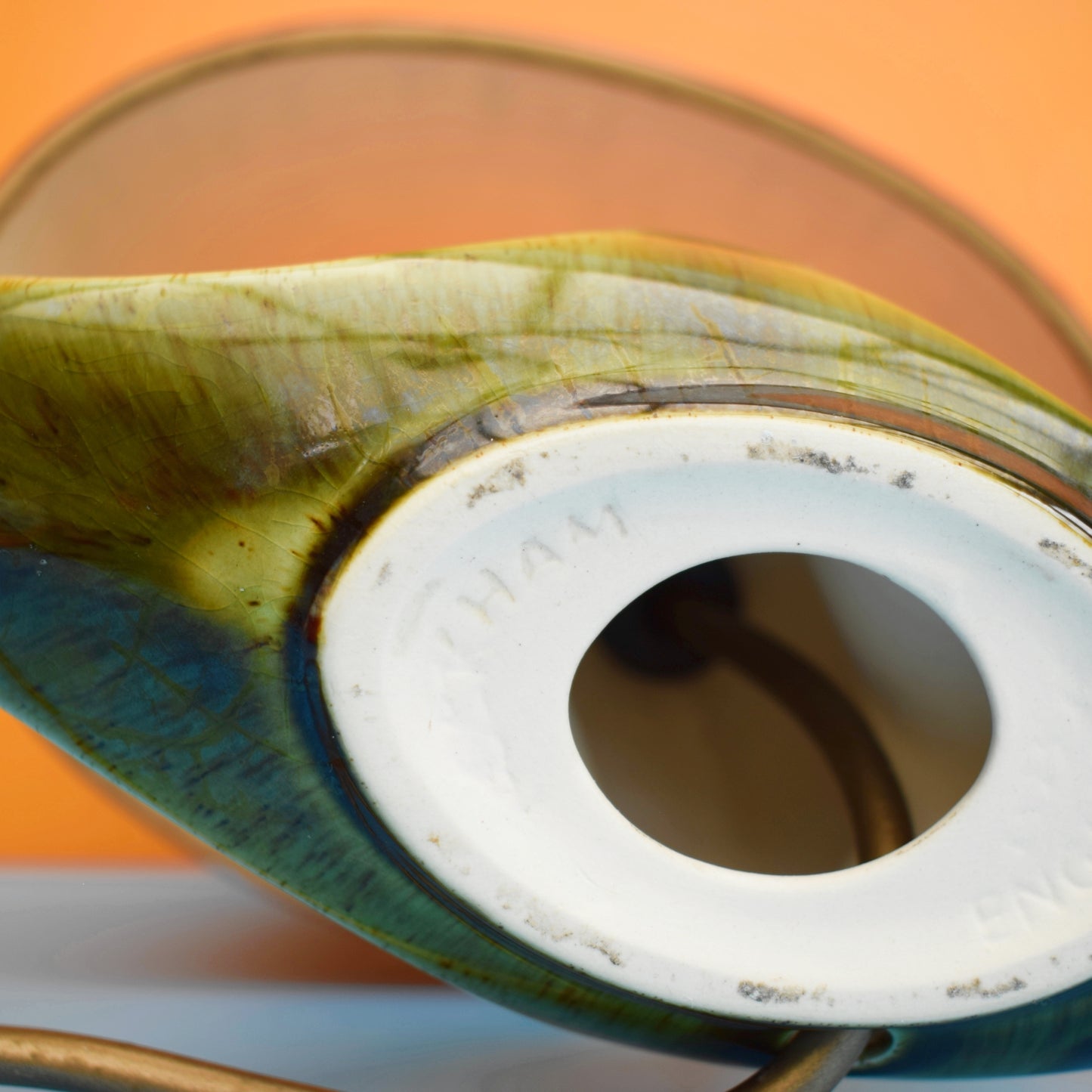 Vintage 1960s Holkham Pottery Little Table Lamp - Green & Orange