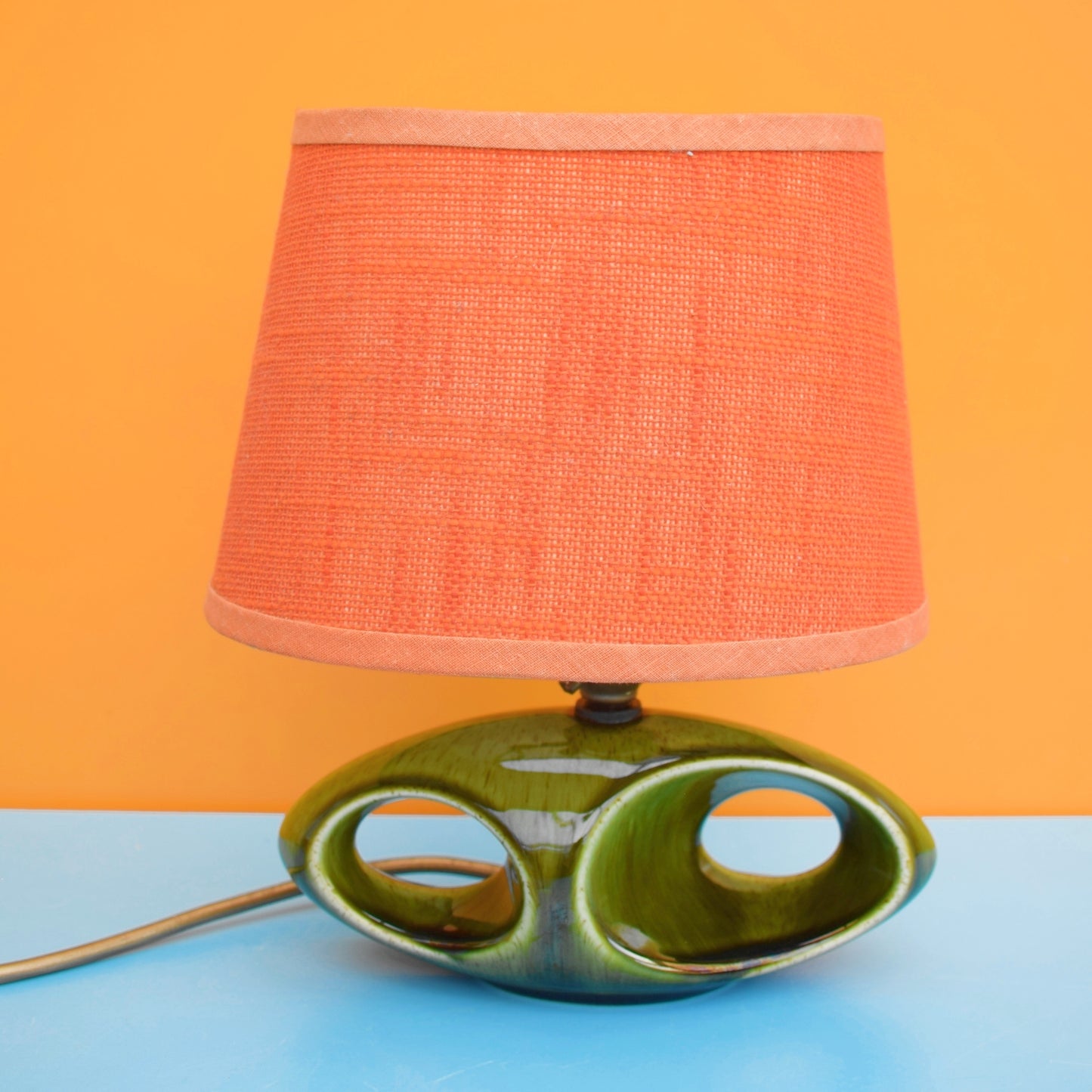 Vintage 1960s Holkham Pottery Little Table Lamp - Green & Orange