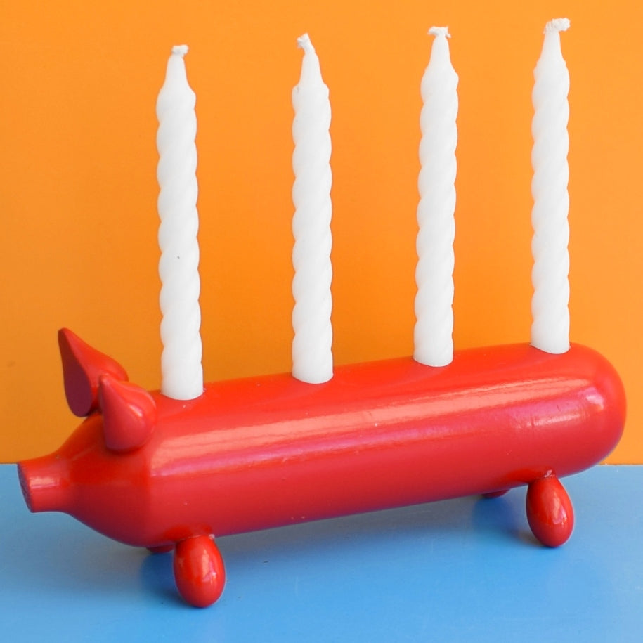 Vintage 1970s Swedish Wooden Candle Holder - Pig- Red