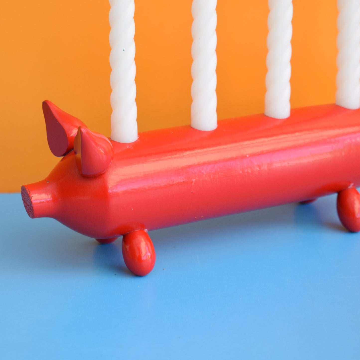 Vintage 1970s Swedish Wooden Candle Holder - Pig- Red