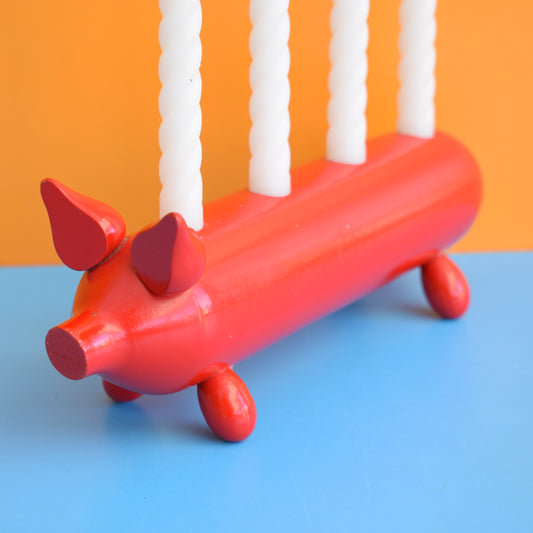 Vintage 1970s Swedish Wooden Candle Holder - Pig- Red