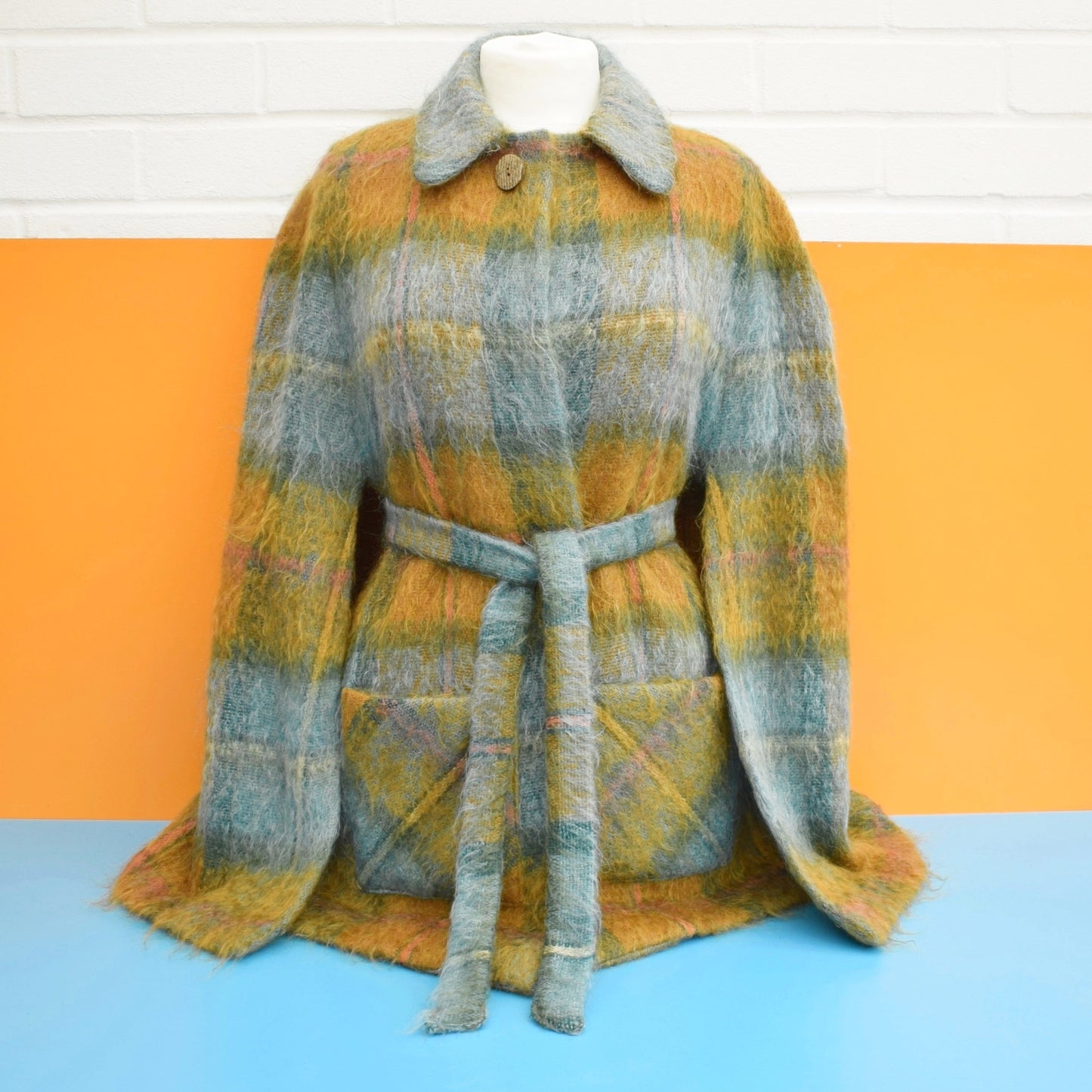 Vintage 1960s Scottish Mohair Belted Cape - Teal/ Mustard