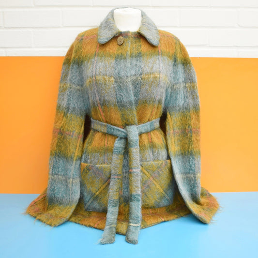 Vintage 1960s Scottish Mohair Belted Cape - Teal/ Mustard