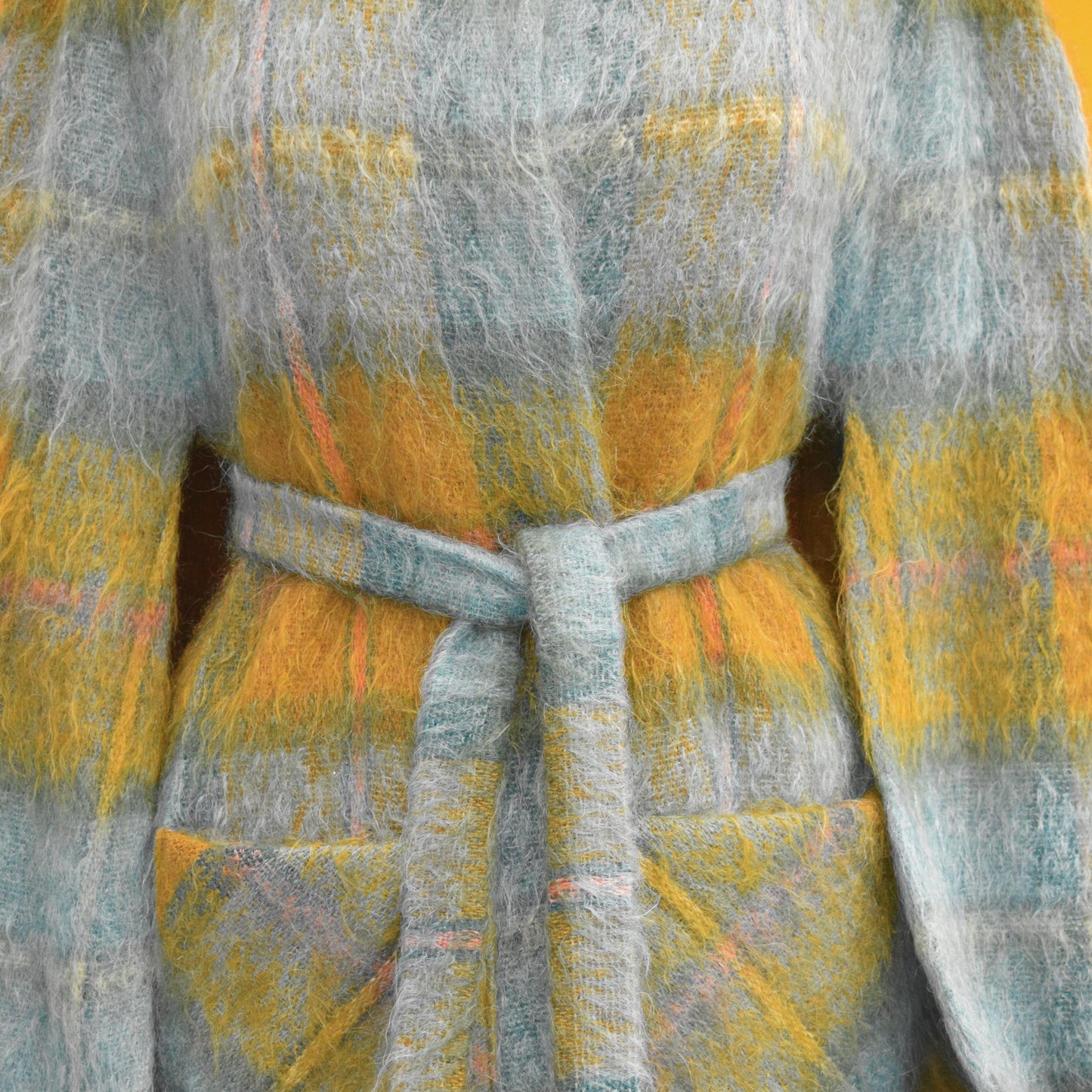 Vintage 1960s Scottish Mohair Belted Cape - Teal/ Mustard