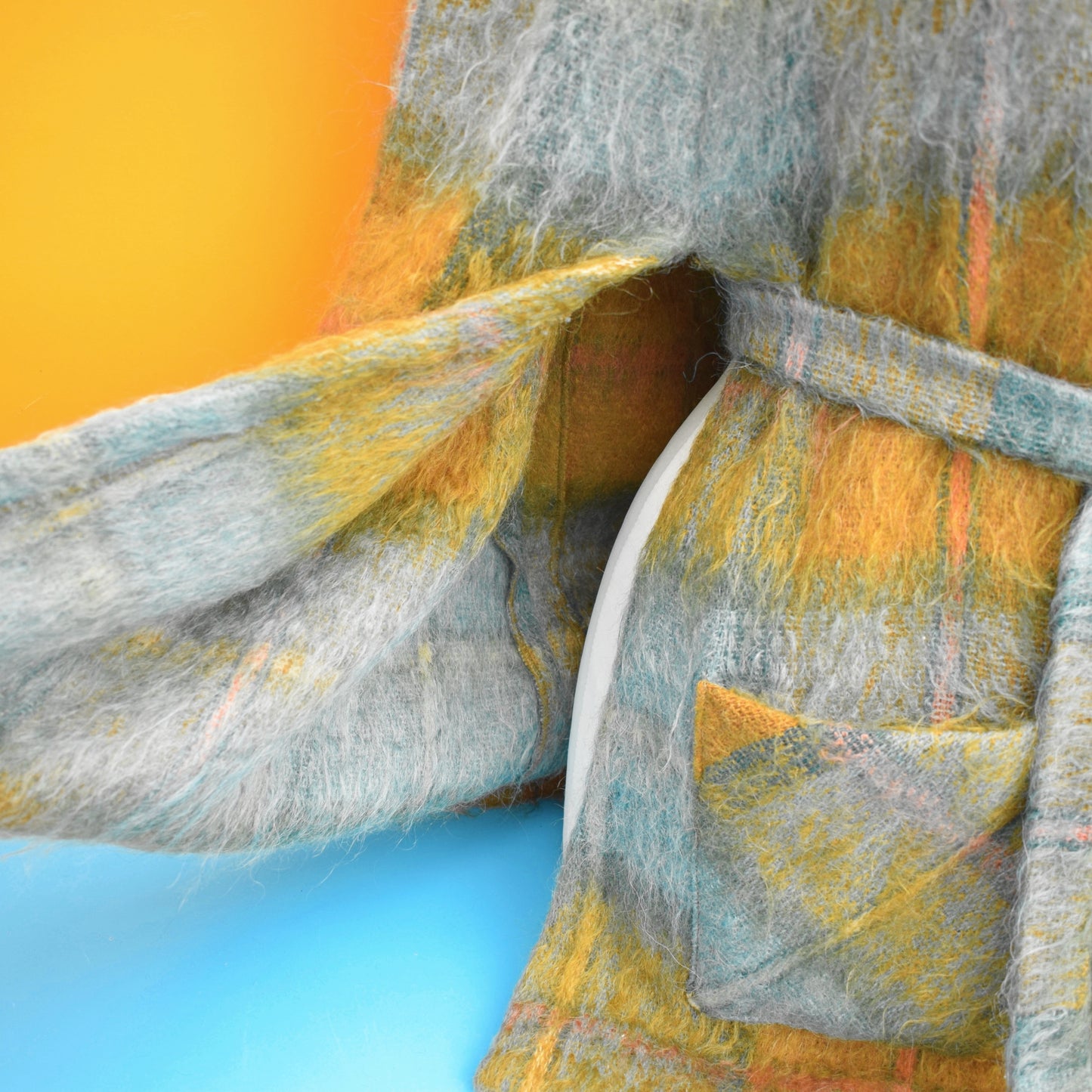 Vintage 1960s Scottish Mohair Belted Cape - Teal/ Mustard