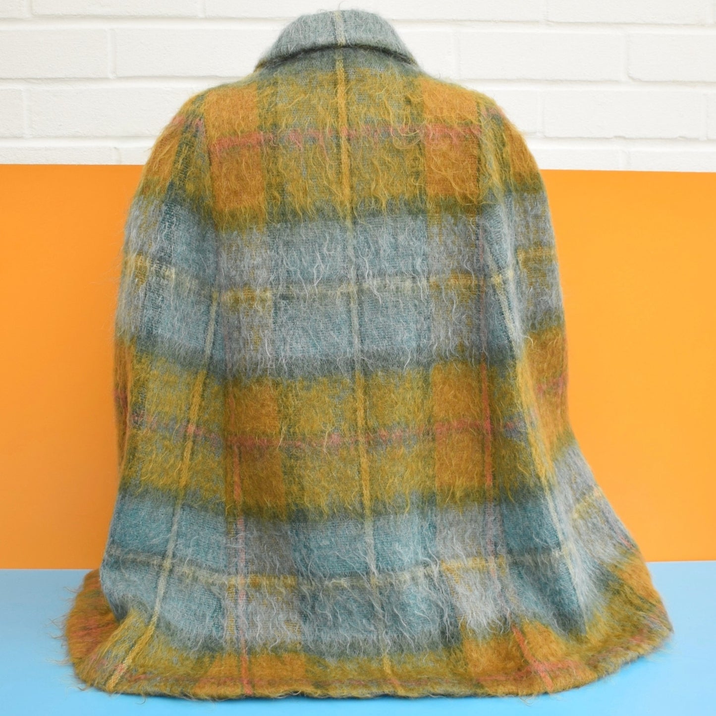 Vintage 1960s Scottish Mohair Belted Cape - Teal/ Mustard