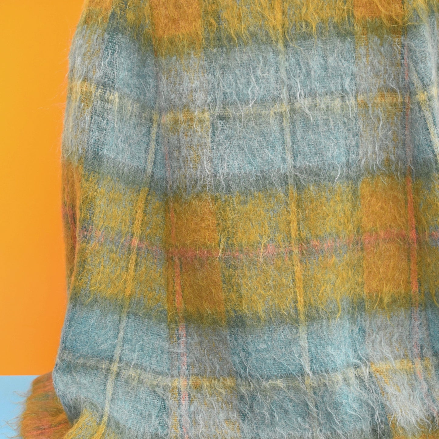 Vintage 1960s Scottish Mohair Belted Cape - Teal/ Mustard