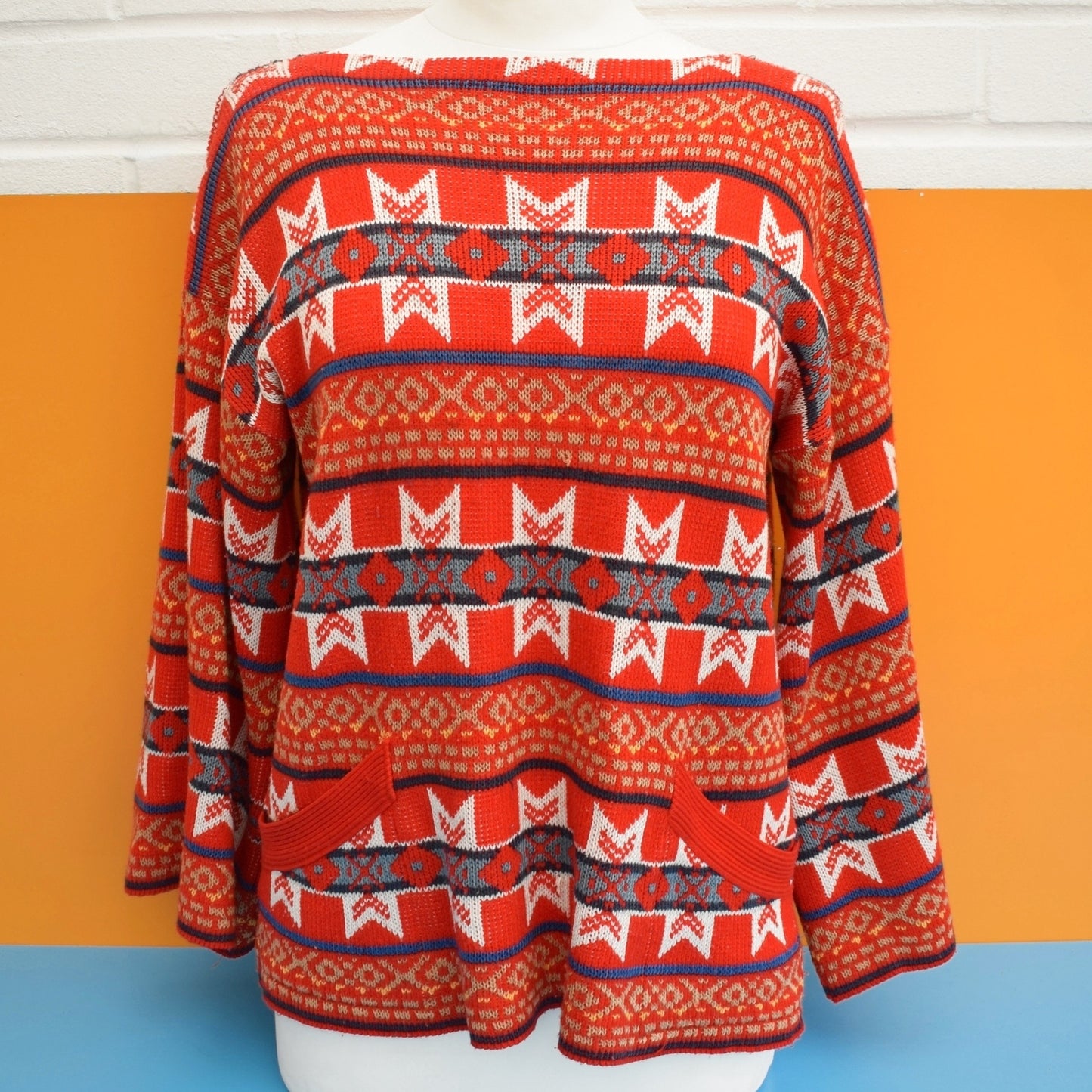 Vintage 1980s Knitted Slash Neck, Jumper- Red