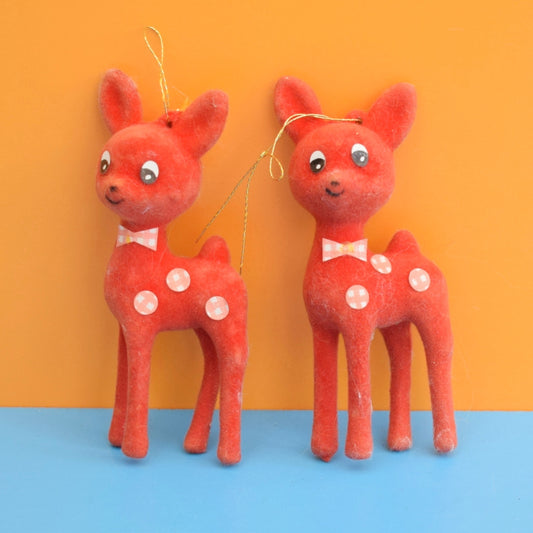 Vintage 1960s Flocked Kitsch Bambi Christmas Decoration Pair - Red