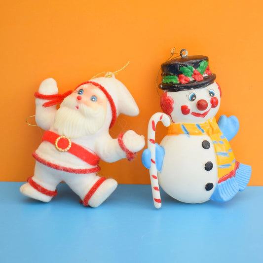 Vintage 1970s Kitsch Christmas Plastic Decorations x2 - Snowman / Santa