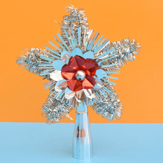 Vintage 1960s Tinsel Christmas Star Topper - Silver & Red