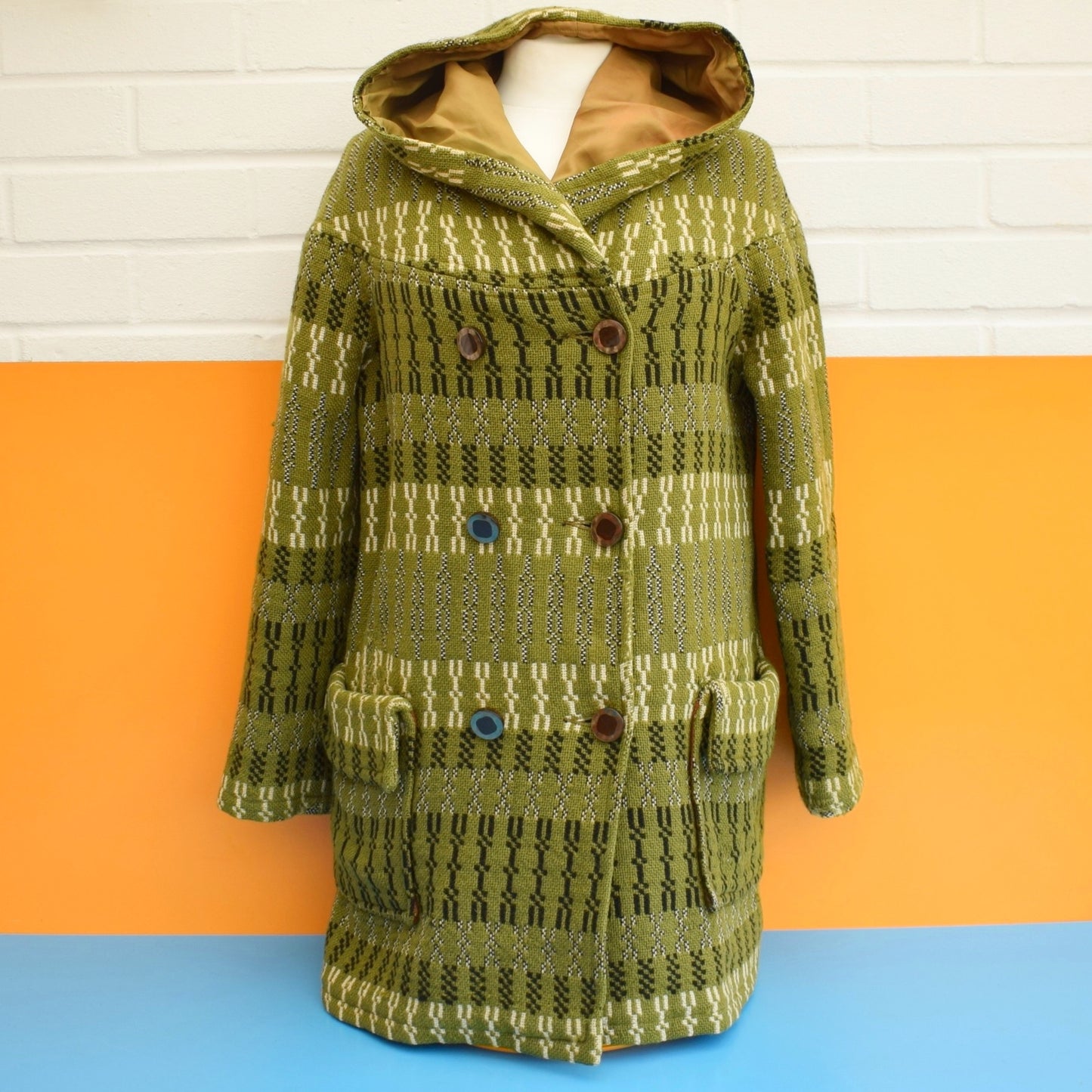 Vintage 1960s Welsh Tapestry Hooded Coat - Green / Black Sz 12 ish