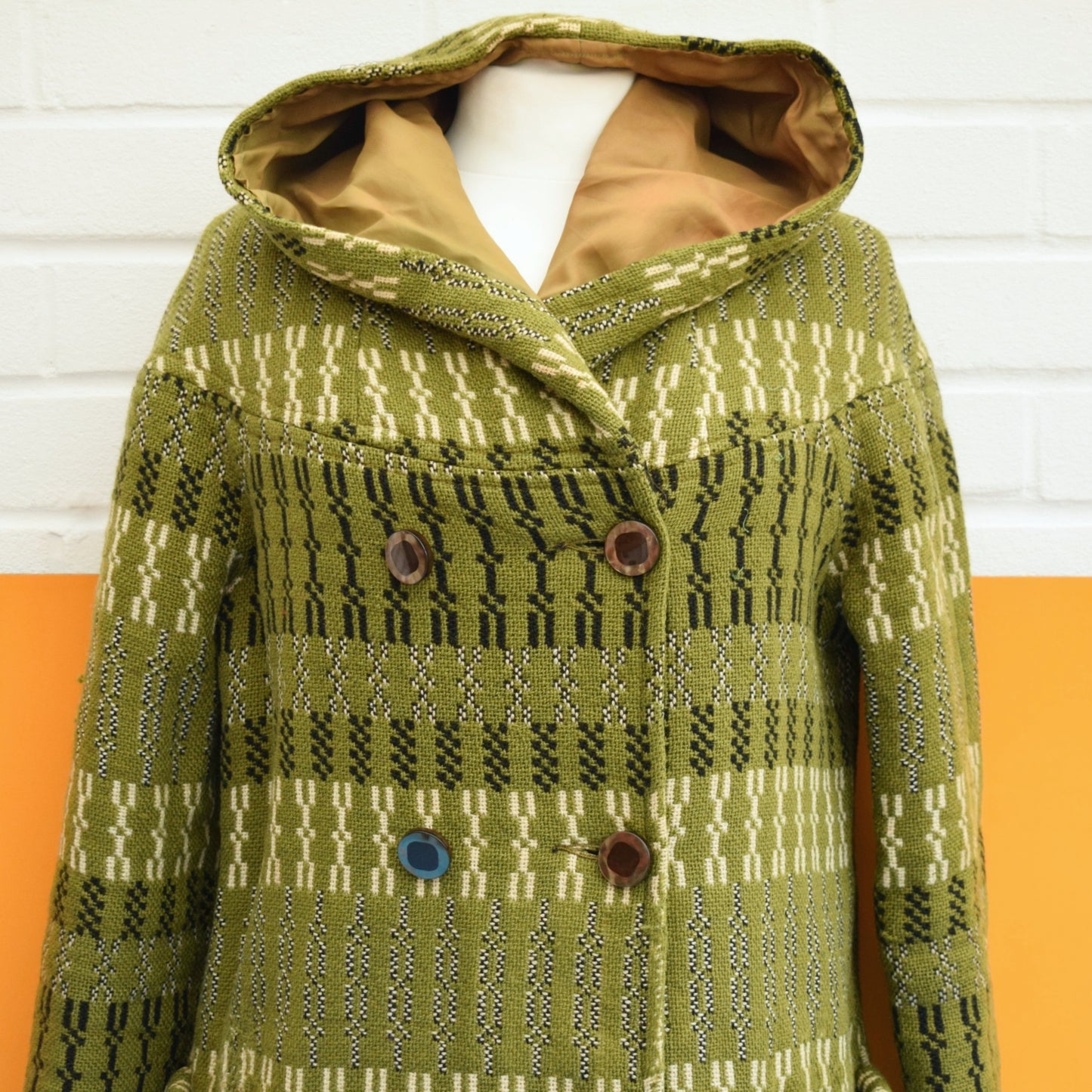 Vintage 1960s Welsh Tapestry Hooded Coat - Green / Black Sz 12 ish