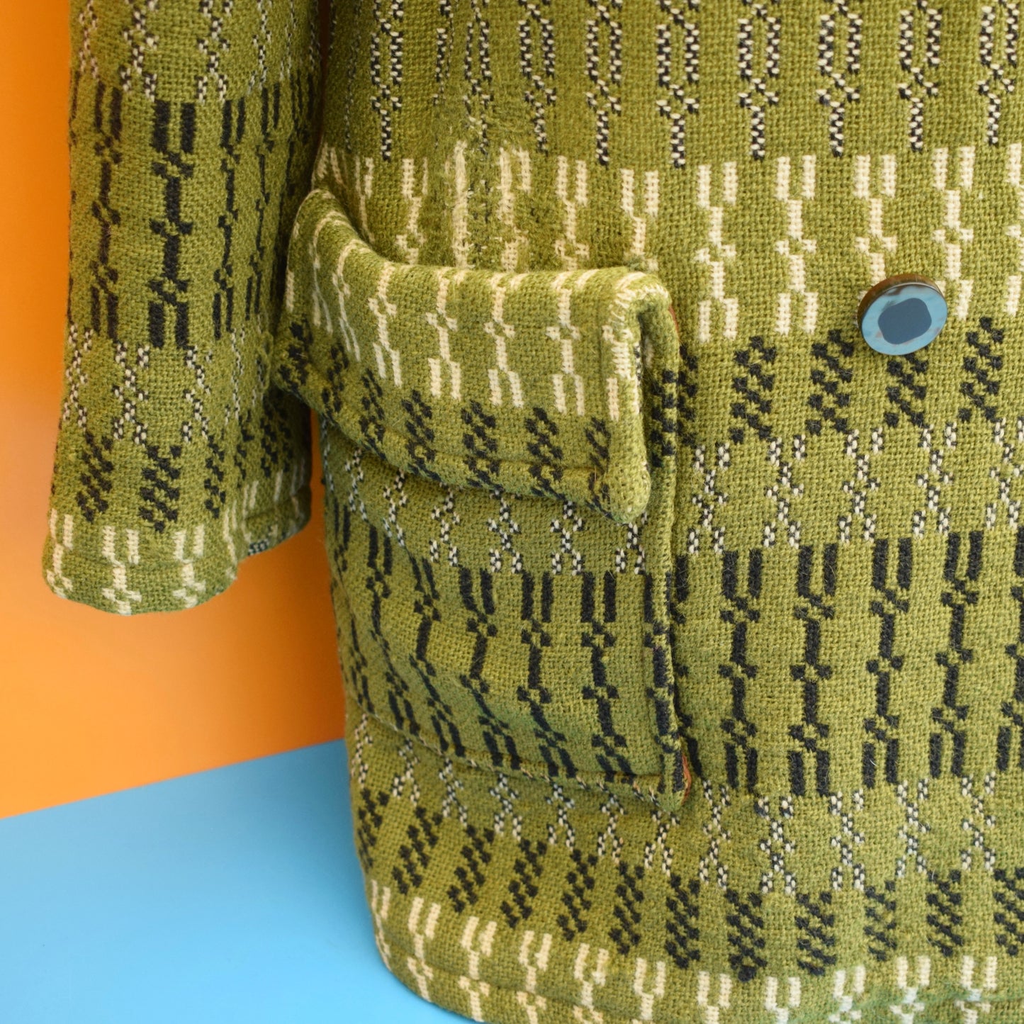 Vintage 1960s Welsh Tapestry Hooded Coat - Green / Black Sz 12 ish