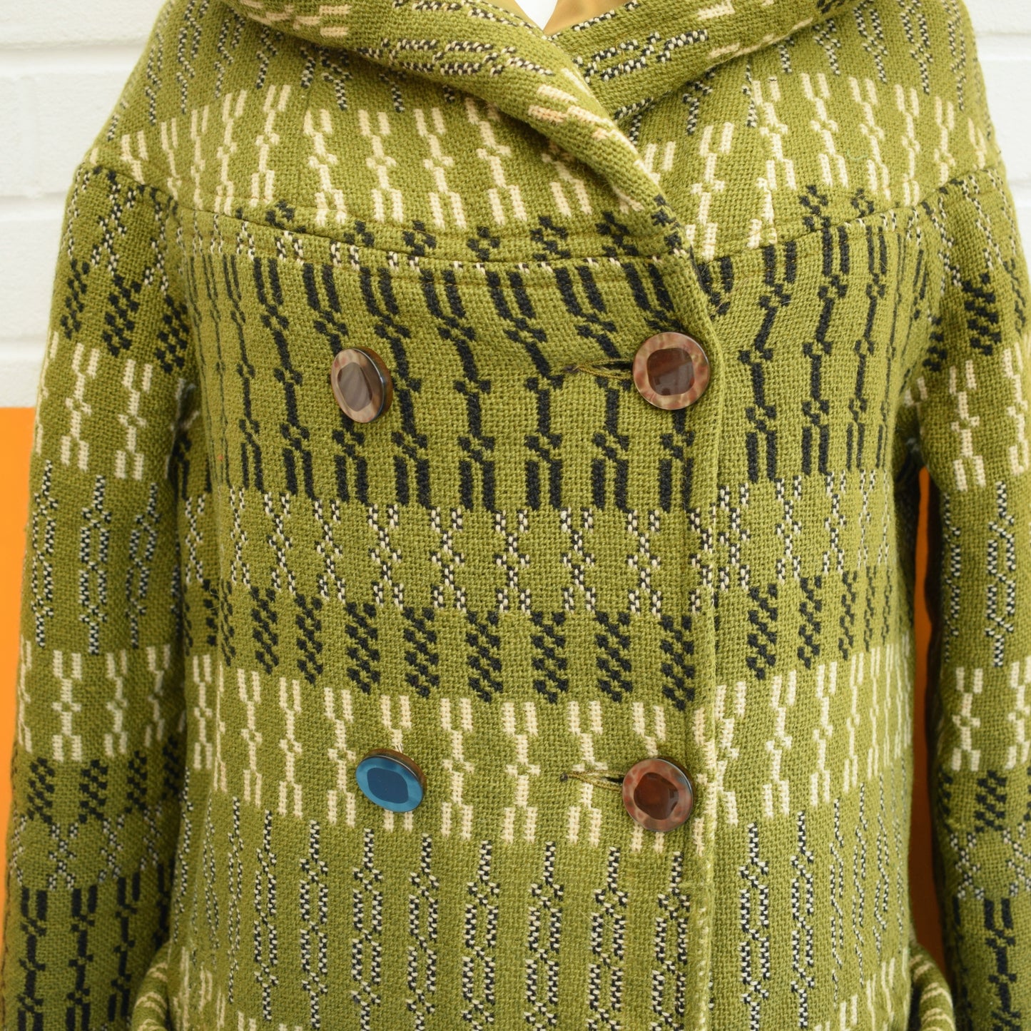 Vintage 1960s Welsh Tapestry Hooded Coat - Green / Black Sz 12 ish