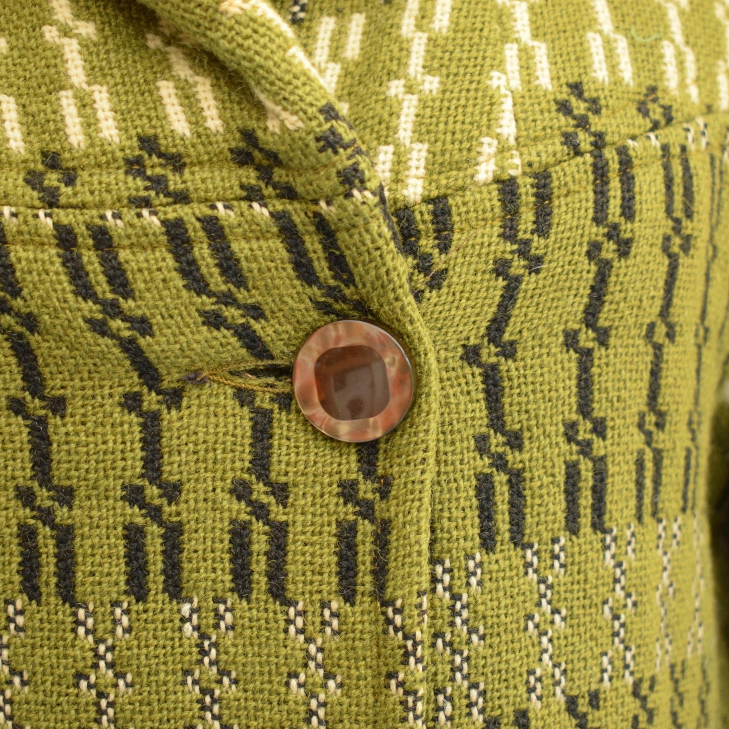 Vintage 1960s Welsh Tapestry Hooded Coat - Green / Black Sz 12 ish