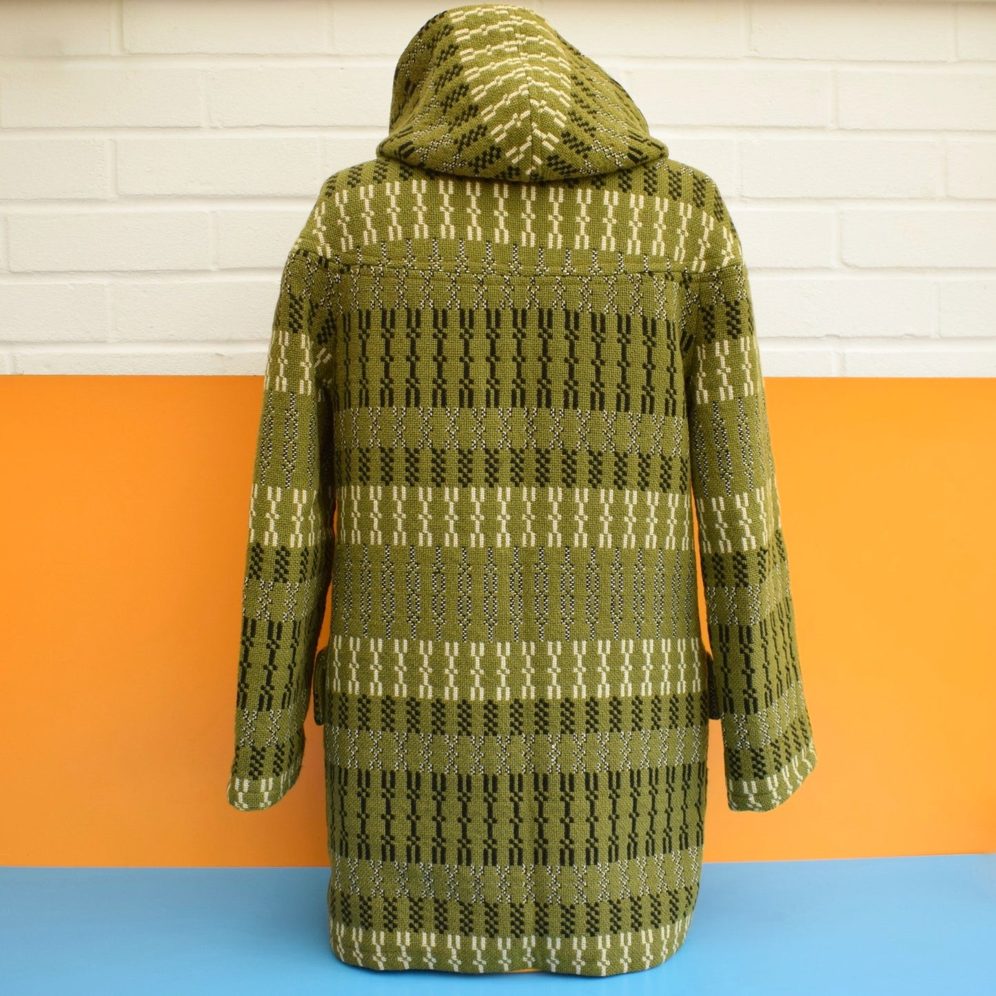Vintage 1960s Welsh Tapestry Hooded Coat - Green / Black Sz 12 ish