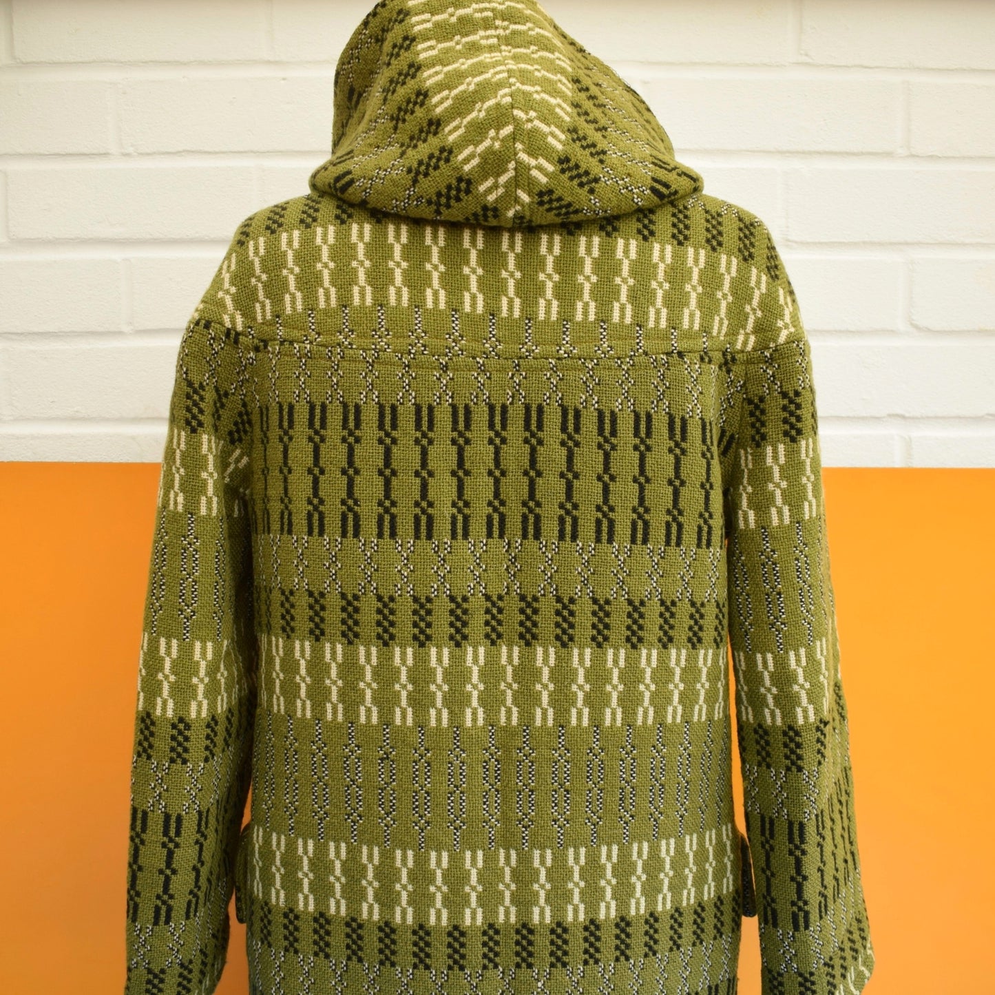 Vintage 1960s Welsh Tapestry Hooded Coat - Green / Black Sz 12 ish