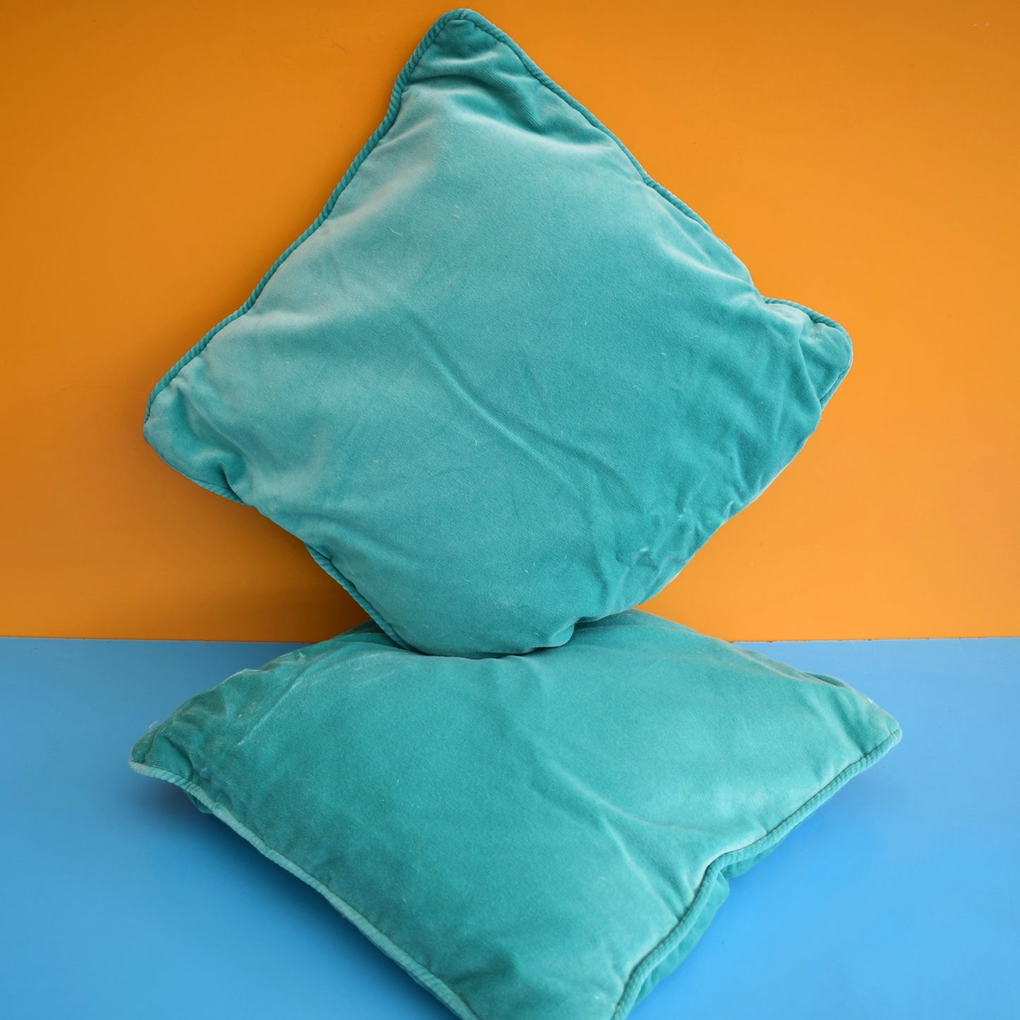 Vintage 1960s Velvet Cushion & Pad - Turquoise x2