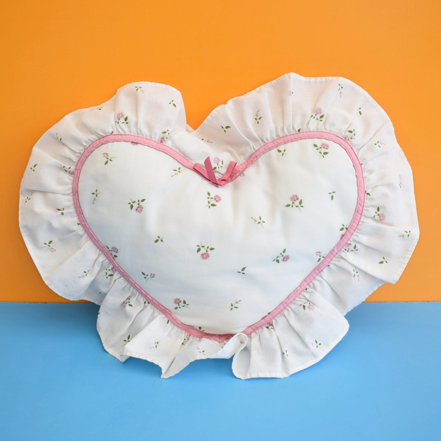 Vintage 1980s Heart Shaped Pillow - Rose Bud Design