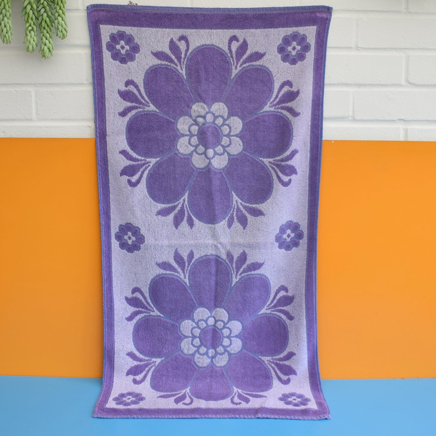 Vintage 1960s Cotton Bath Towel - Purple Flower