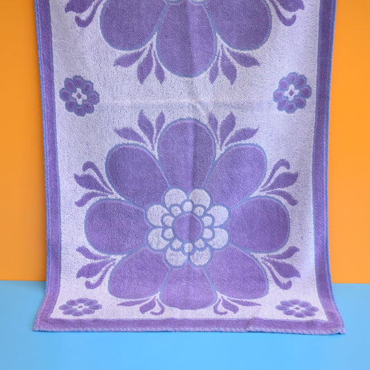 Vintage 1960s Cotton Bath Towel - Purple Flower