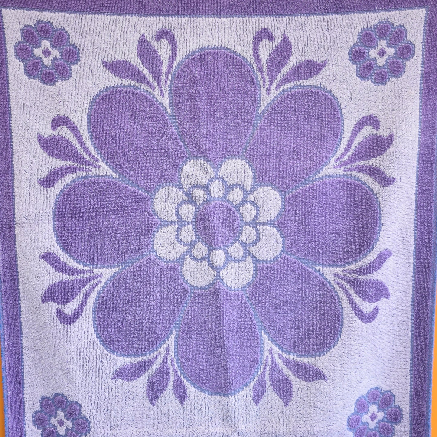 Vintage 1960s Cotton Bath Towel - Purple Flower