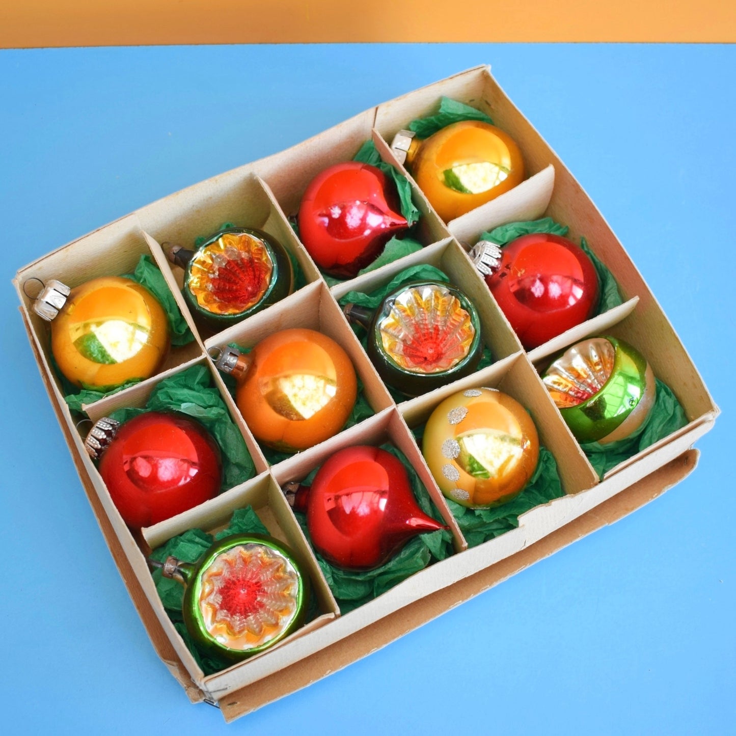 Vintage 1960s Glass Christmas Baubles - 12 Medium - Red, Orange, Green