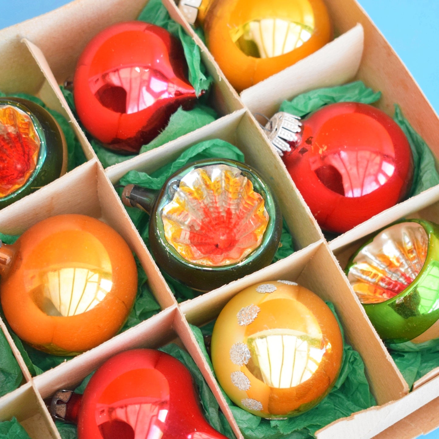 Vintage 1960s Glass Christmas Baubles - 12 Medium - Red, Orange, Green