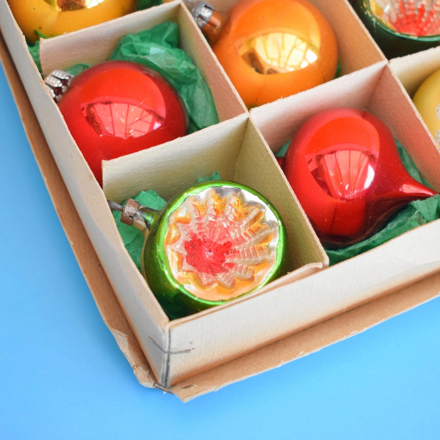 Vintage 1960s Glass Christmas Baubles - 12 Medium - Red, Orange, Green