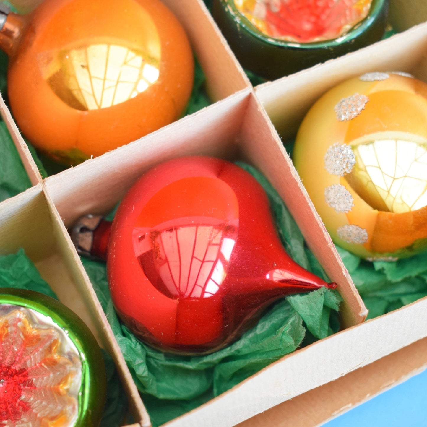 Vintage 1960s Glass Christmas Baubles - 12 Medium - Red, Orange, Green