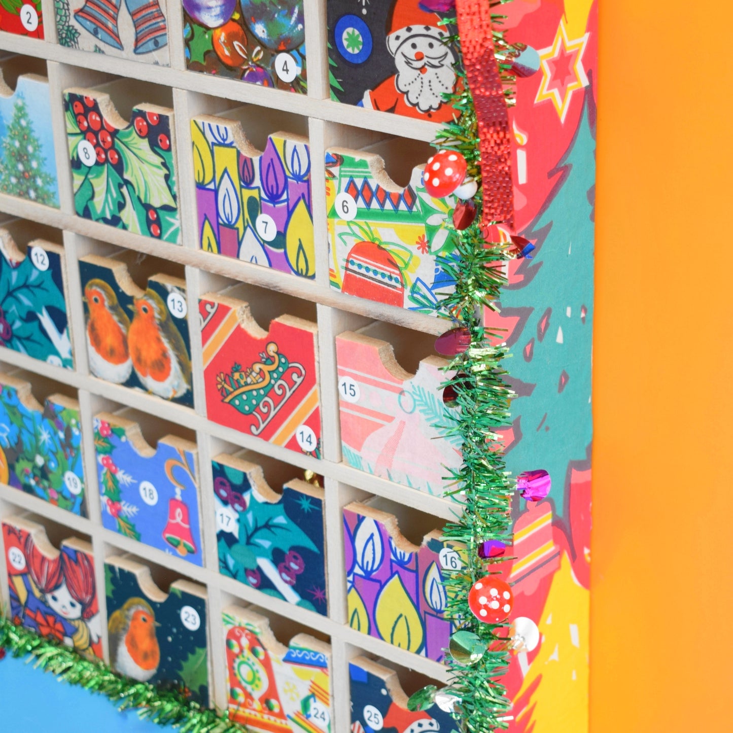 Unique Wooden Multi Drawer Filled Advent Calendar - Vintage Papers - Patchwork