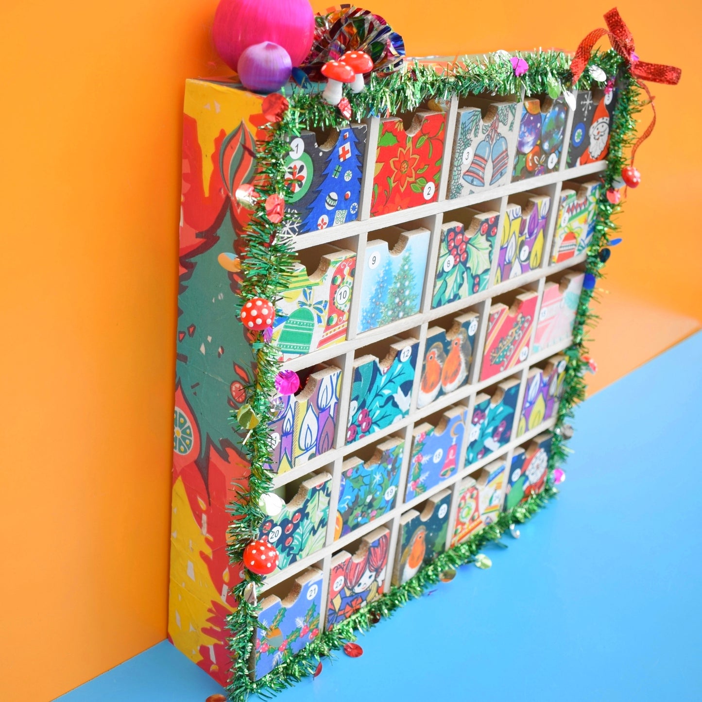 Unique Wooden Multi Drawer Filled Advent Calendar - Vintage Papers - Patchwork