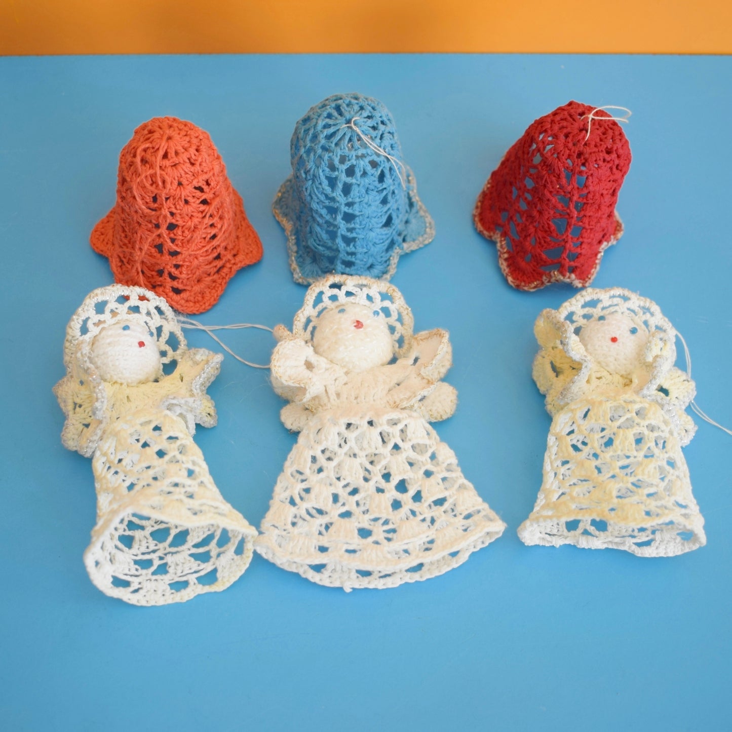 Vintage 1970s Kitsch Christmas Crocheted Angels/ Bells