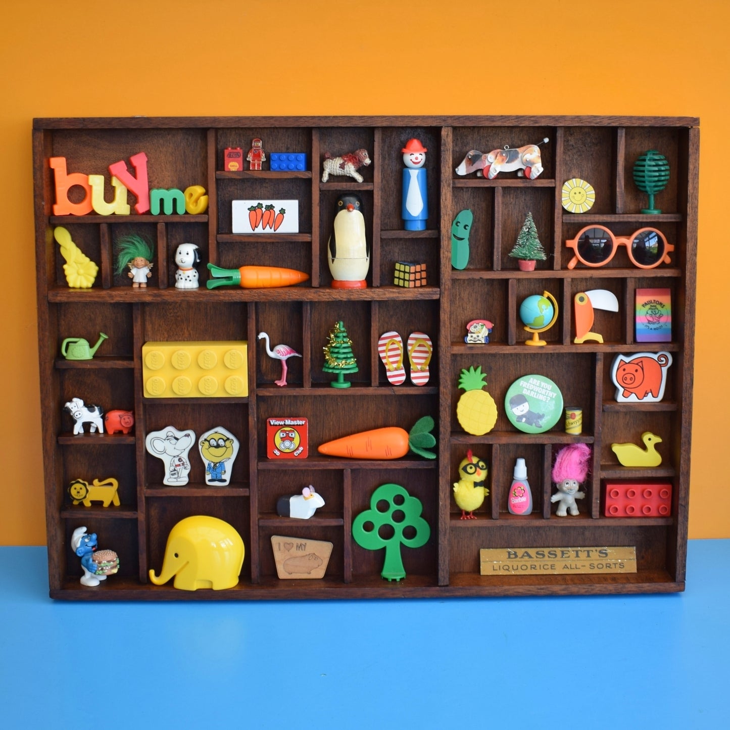 Vintage 1970s Wooden Printers Style Tray - Collection Display - Dark Wood