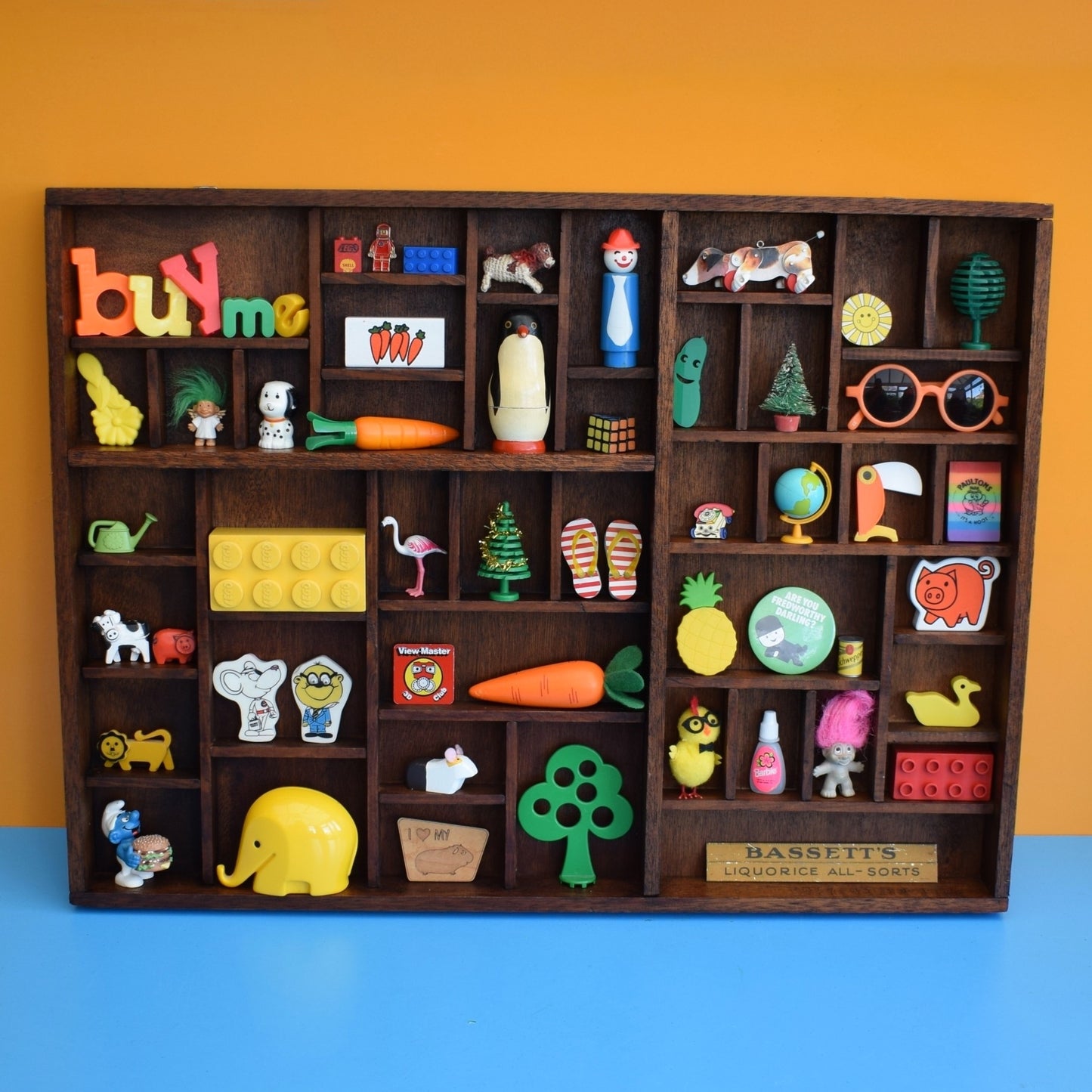 Vintage 1970s Wooden Printers Style Tray - Collection Display - Dark Wood