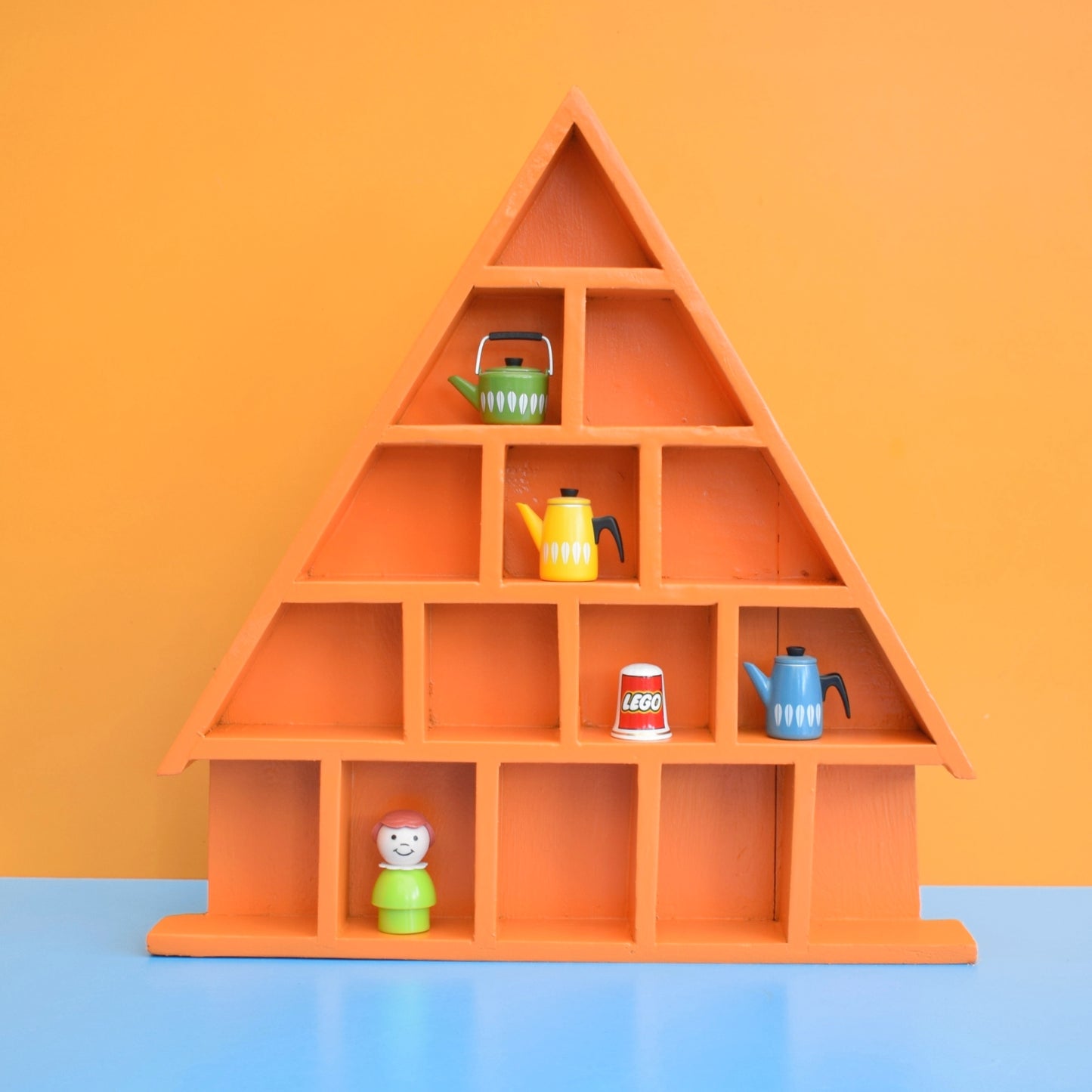 Vintage 1990s Wooden House Shaped Collectables Shelf - Orange