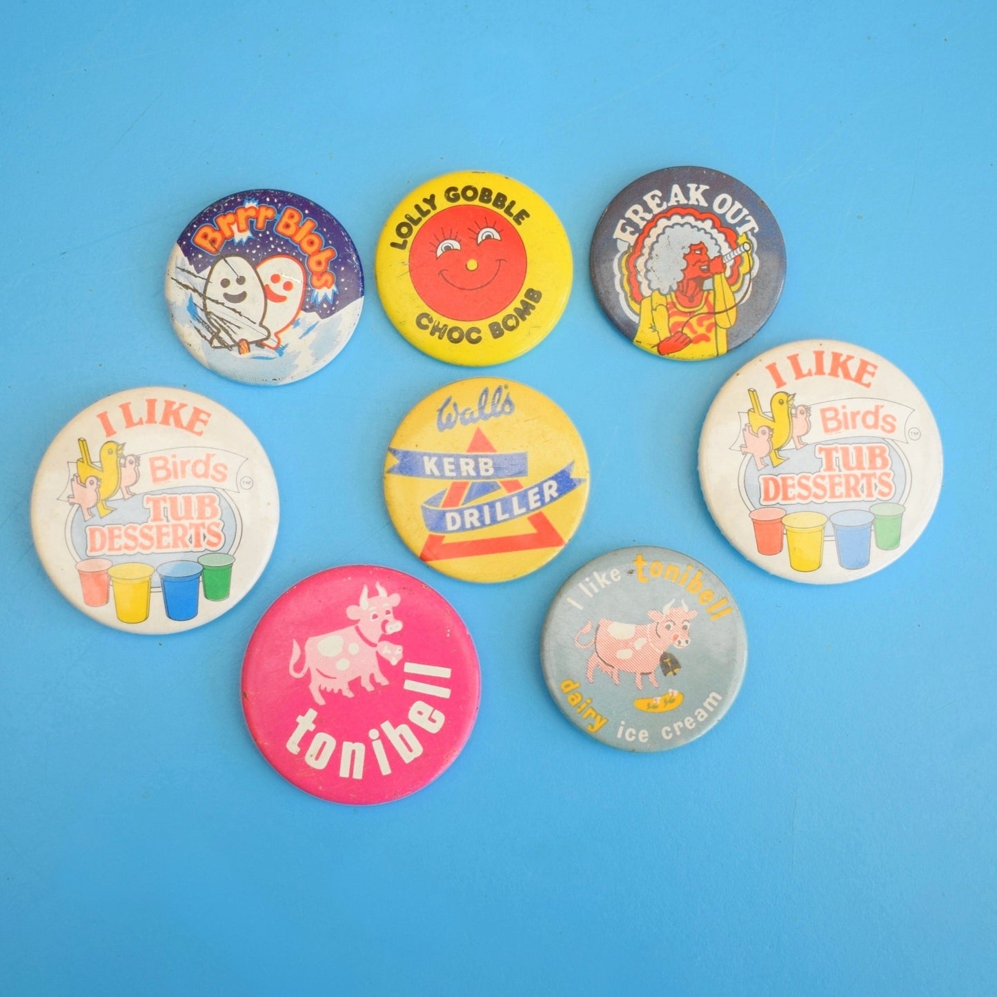 Vintage 1970s Metal Badges - Walls Ice Cream /  Birds Desserts / Tonibell