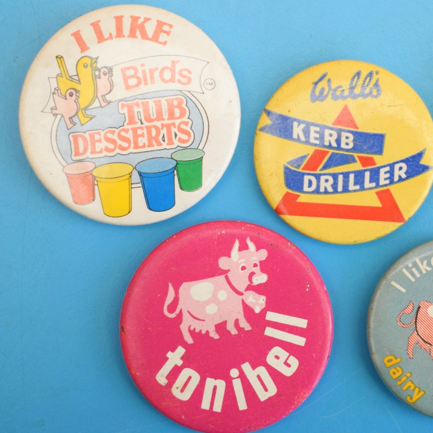 Vintage 1970s Metal Badges - Walls Ice Cream /  Birds Desserts / Tonibell