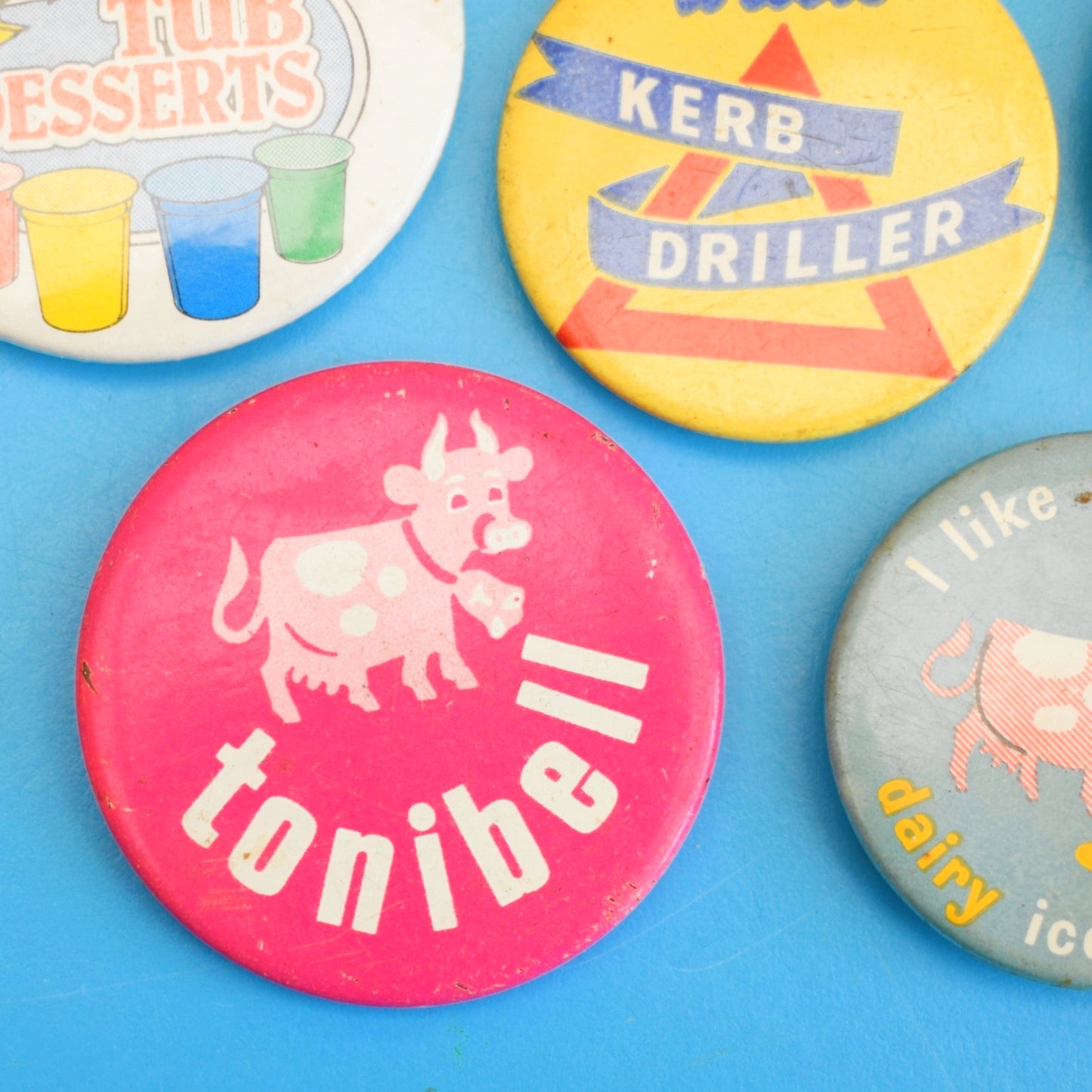 Vintage 1970s Metal Badges - Walls Ice Cream /  Birds Desserts / Tonibell