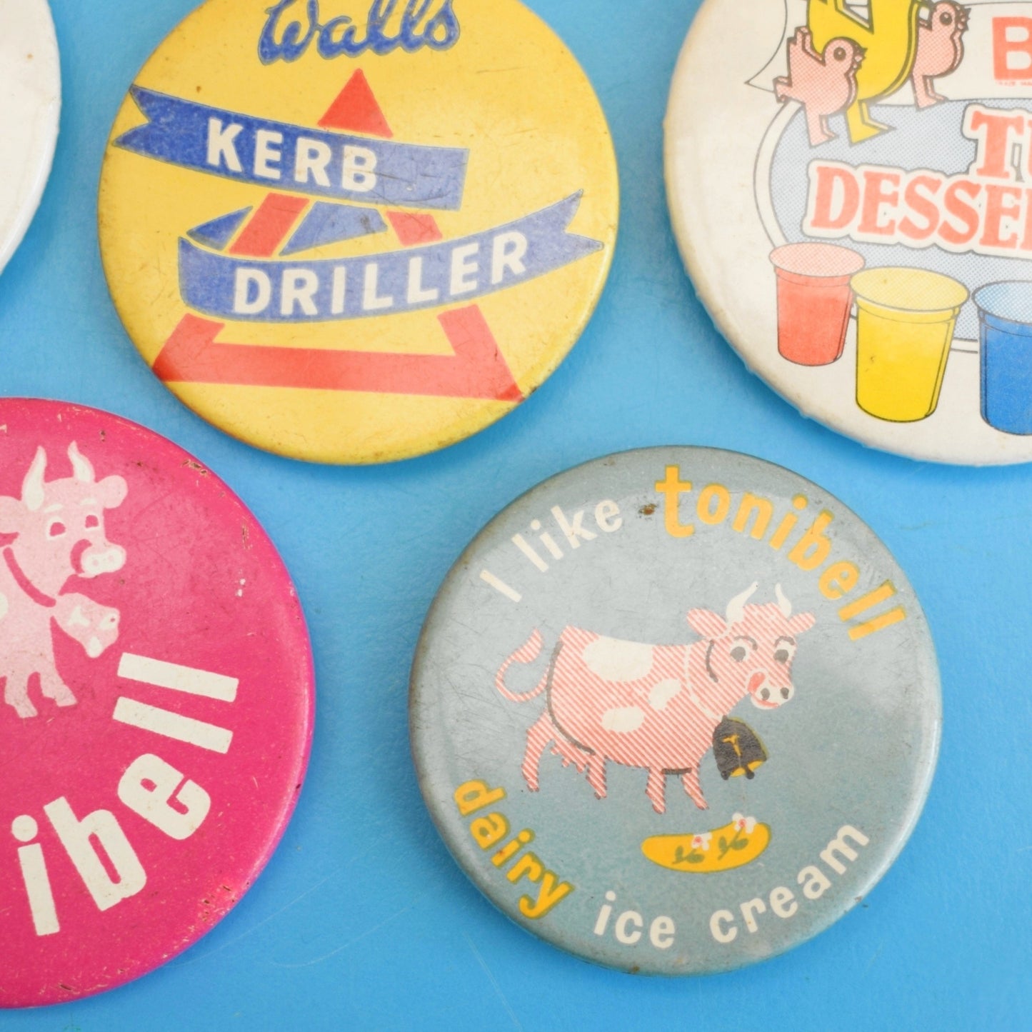 Vintage 1970s Metal Badges - Walls Ice Cream /  Birds Desserts / Tonibell