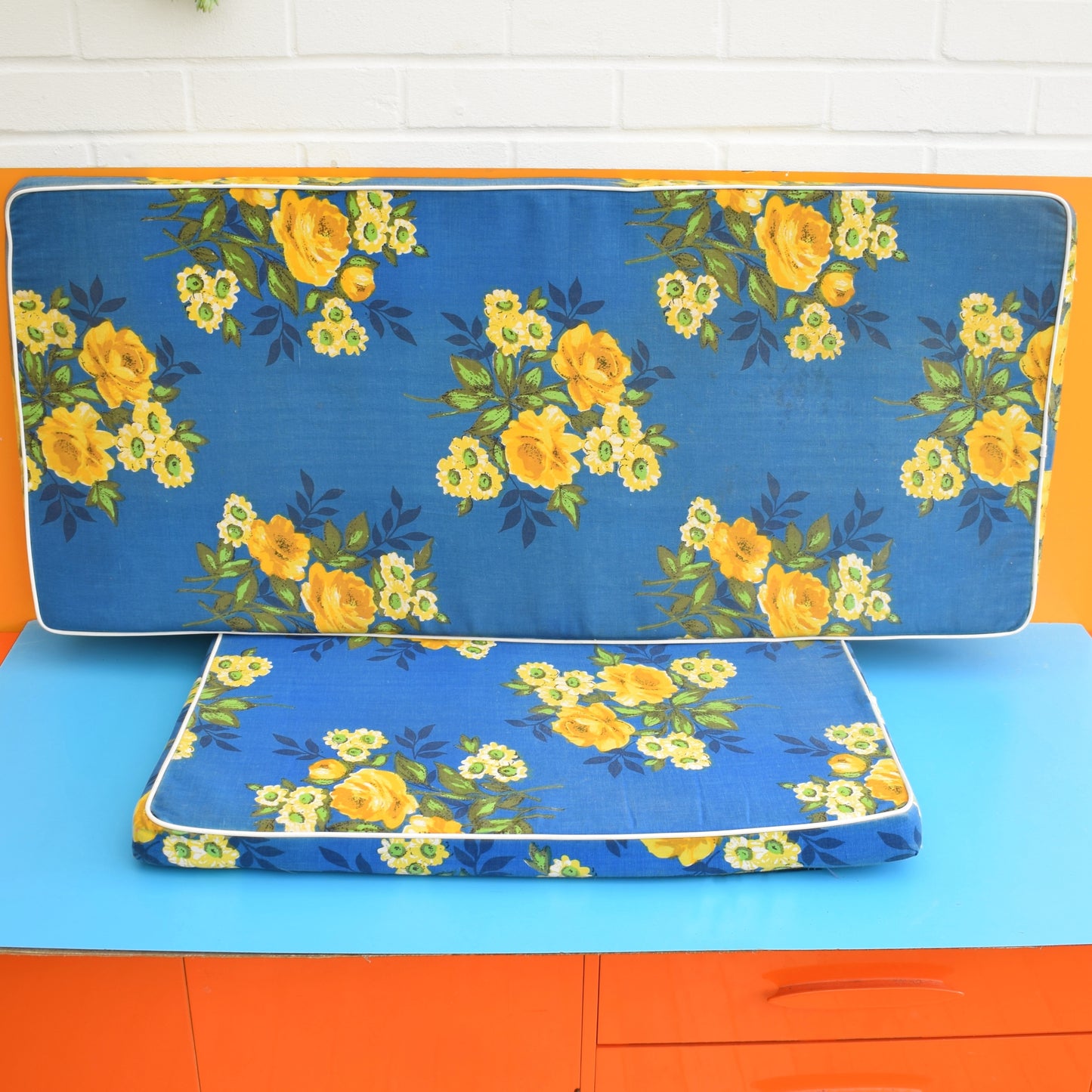 Vintage 1970s Garden Cushions / Mats -Blue & Yellow